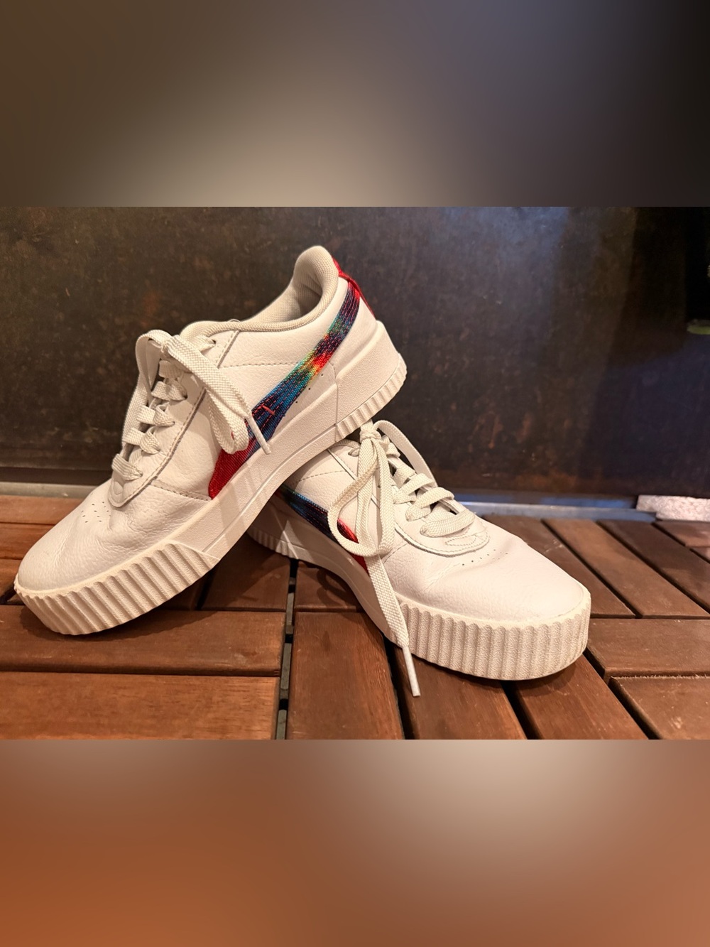 Puma White Leather Sneakers with Rainbow Side Stripe